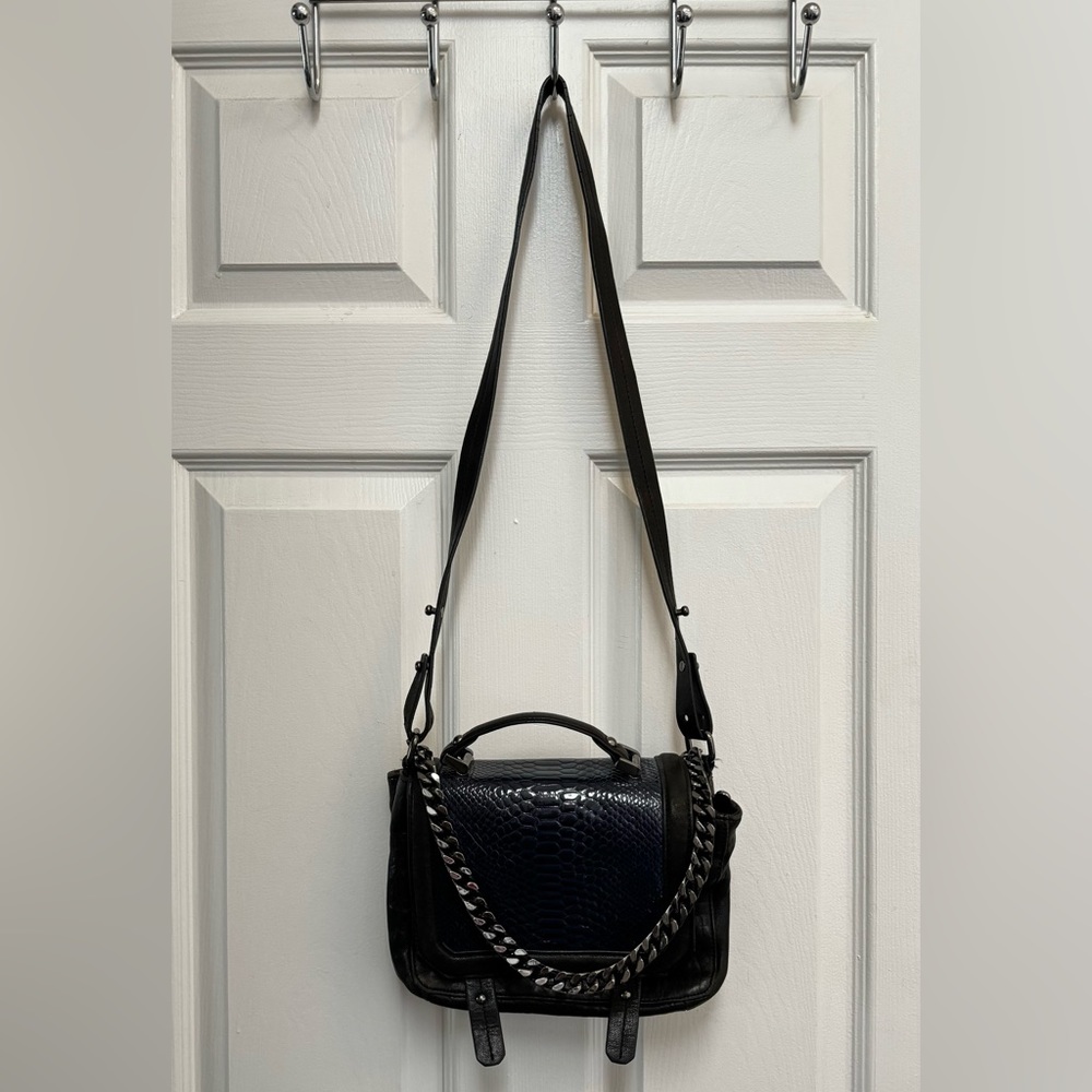 Navy blue and black real leather purse with chain detail